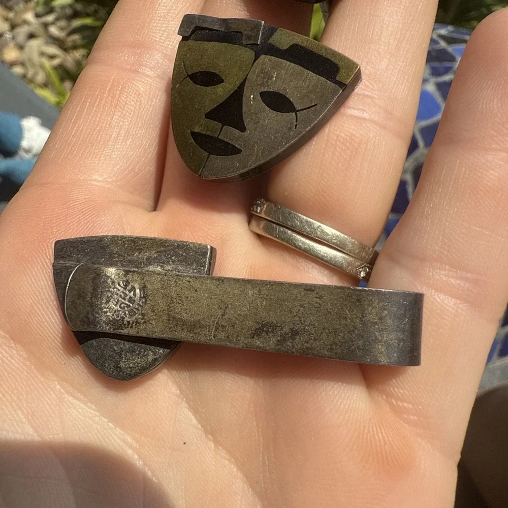 Vintage MCM‎ 1950 Mexican Sterling Mask Face Cool Cuff Links & Tie Clip
